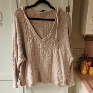 Tommy Hilfiger Beige V-Neck Hooded Cable Knit Sweater